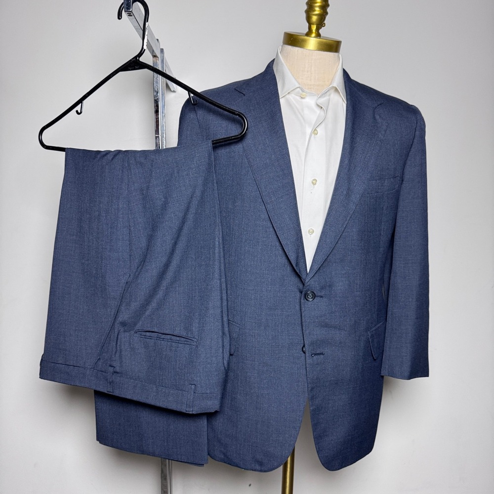 1980s Tom James Suit Mens 42R 34W Blue Solid Wool 2 Button Vintage Notch Lapel